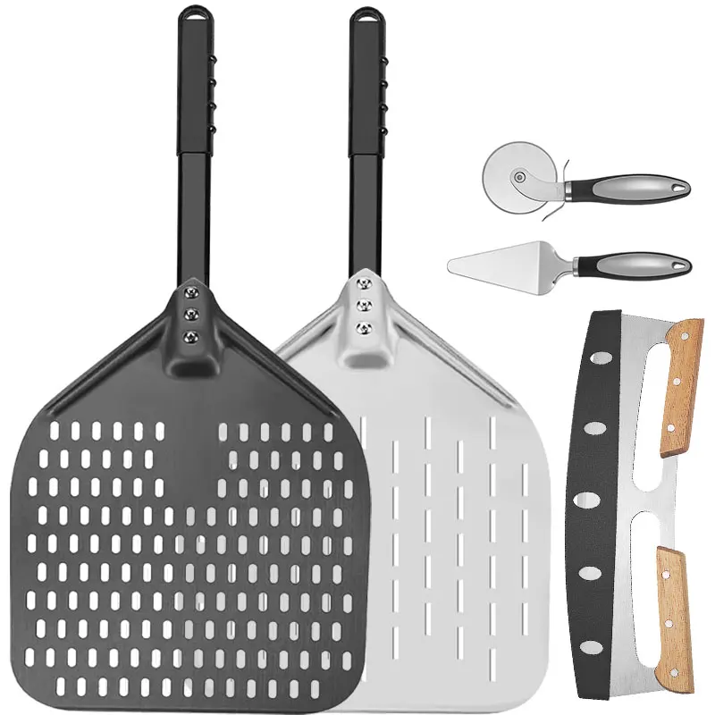 12-Zoll-perforierte Pizzas chale hart eloxiertes Aluminium-Pizzas patel paddel mit Silikon griff Profession elle Pizza-Drehs chale Image