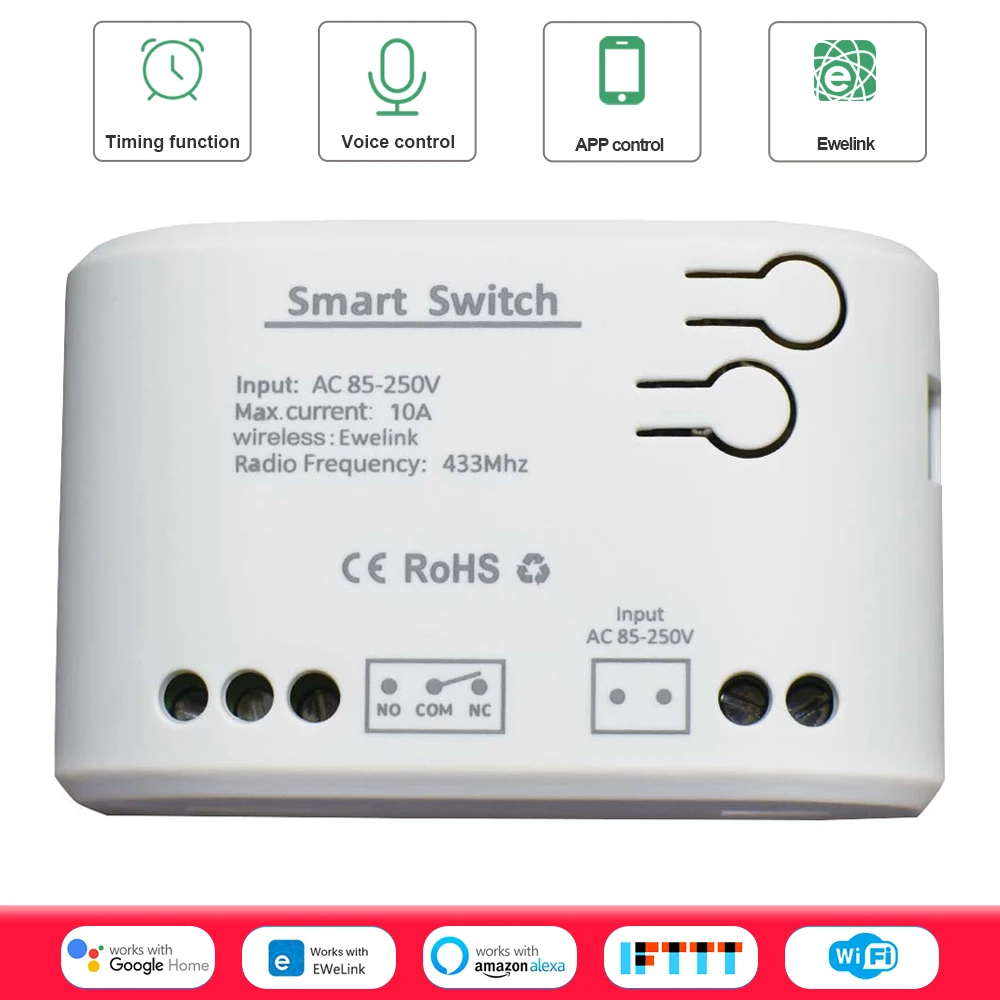 Wifi Smart Home Appliance Controller 220V 12V 24V USB5V 85-250V RF433 Fernbedienung 1 Kanal 10a Relais mit Alexa Google Ewelink App Image