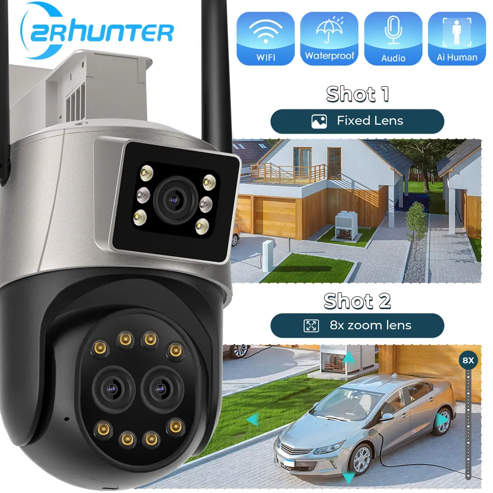 Zrhunter 9mp 6k wifi ptz kamera drei objektiv drei objektiv dual screen 4k video überwachung 8x digitaler zoom straßen sicherheits kamera Image