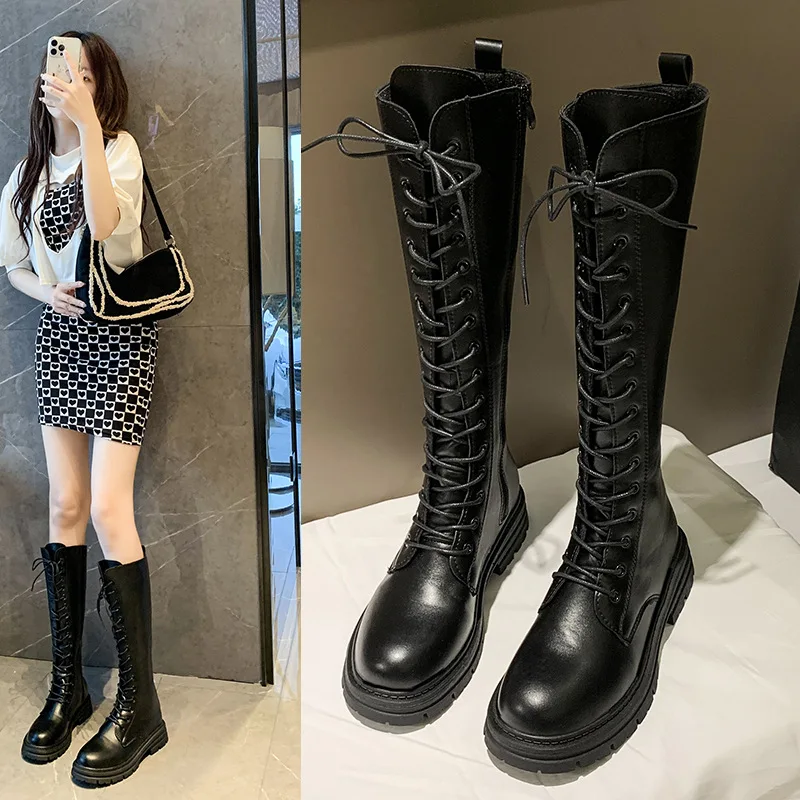 Damen stiefel Herbst weibliche High Platform Gothic Schuhe schwarze Lederstiefel schnüren Frauen kniehohe Stiefel Image