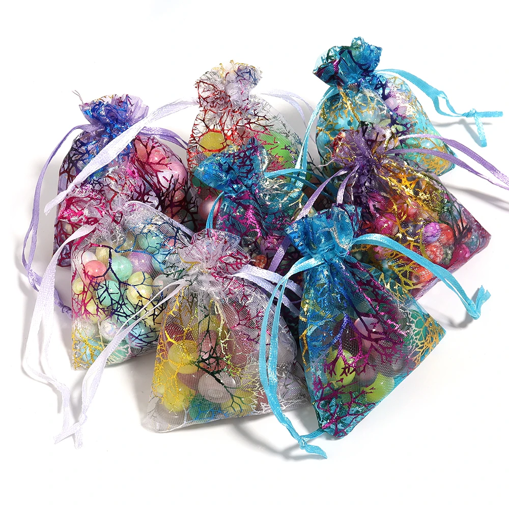 10 teile/los Organza Geschenk Kordel zug Taschen Druck Bäume Farbe Schmuck Süßigkeiten Verpackung Beutel Festival Weihnachts geschenke Aufbewahrung tasche Image