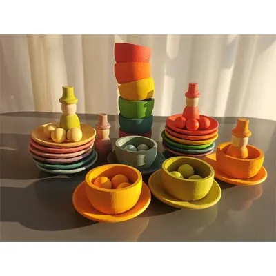 Sensorische Holz Montessori Spielzeug Regenbogen Pastell Sortier schalen Geschirr mit Bällen Eicheln für Kinder spielen Image