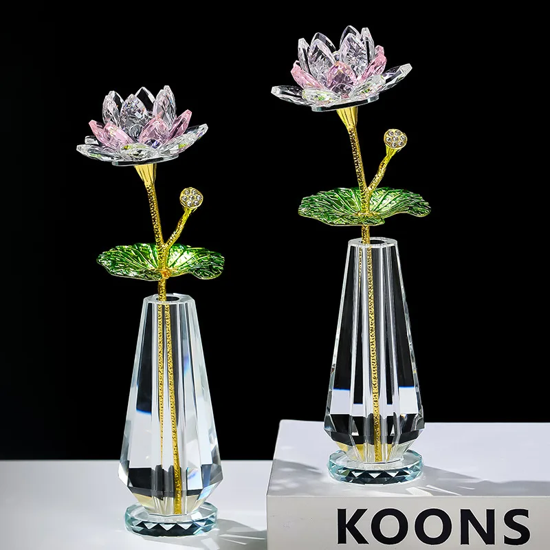 Funkelnde Kristall-Lotusblumen-Figur, handgefertigt, Glas-Lotusblumen, Kunst, Hochzeitsdekoration, Feng Shui, Heim-Tischdekoration Image