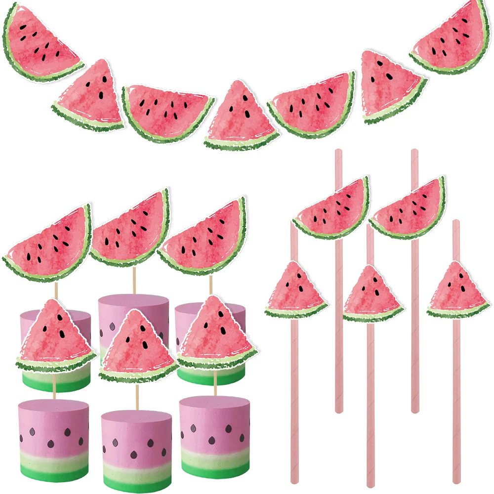 1 Satz Wassermelone Öko-Papier Strohhalme hängen Banner Kuchen Topper für Sommer Wassermelone Geburtstags feier Dekor Kinder Geschenke Lieferungen Image