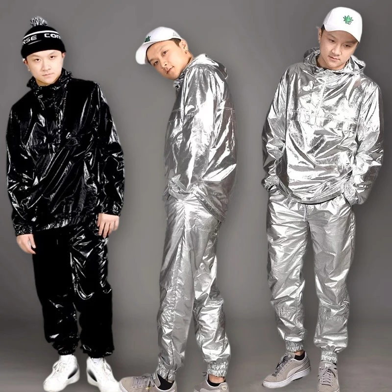 Lange-Ärmeln Hip Hop Kleidung Zeigt Anzug Helle Silber/Gold/Schwarz Hoodies Hosen Straße Tanzen Outfits Team bühne Kostüm VDB1712