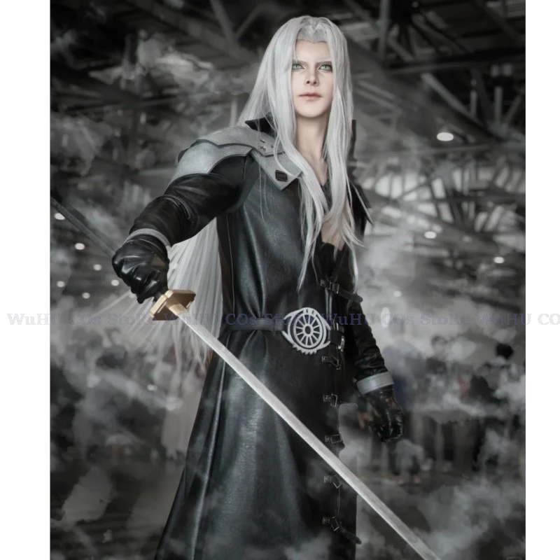 FF7 Sephiroth Cosplay Kostüm Schwarz Fantasy Ledermantel Lange Graue Perücke Cosplay Uniform Anzug Komplettes Set Roleplay Männer Halloween Anzug Image