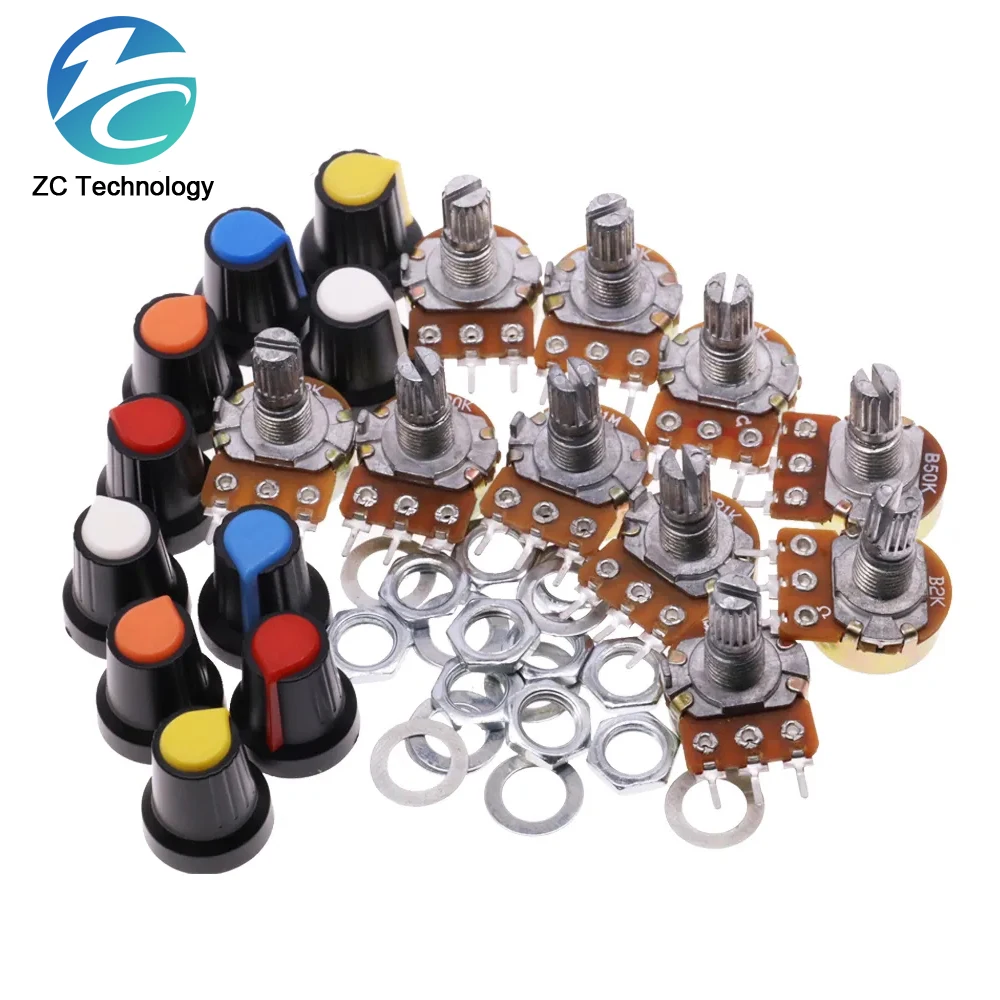 WH148 Potentiometer Kit B1K 2K 5K 10K 20K 50K 100K 250K 500K 1M 15mm Linear Taper Rotary Widerstand Set 3pin Mit Kappe Image