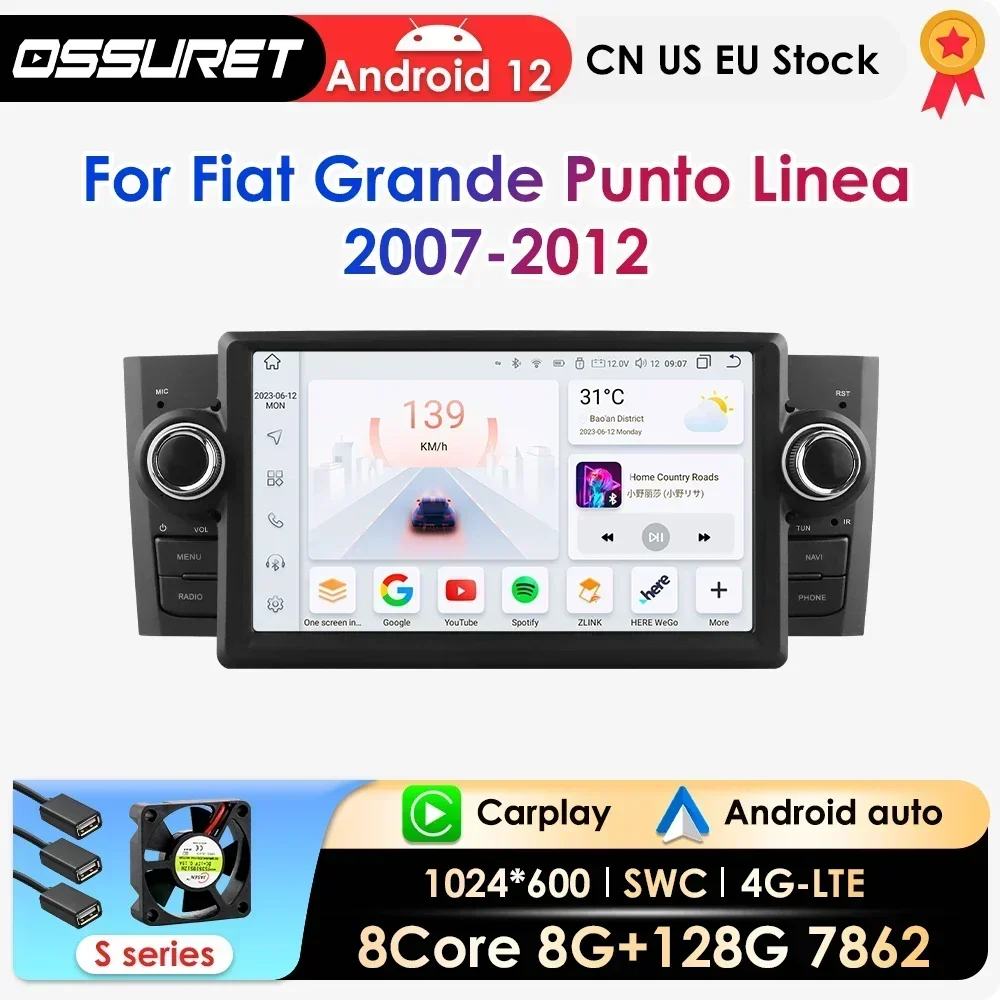 Carplay Android 12 Autoradio Für FIAT Grande Punto Linea 2007-2012 Multimedia Video Player Navigation stereo GPS Octa core 7862