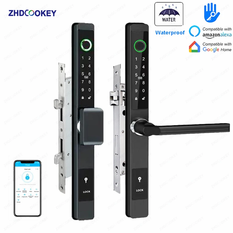 Zhdcookey biometrisches digitales türschloss wasserdicht ttlock app ble finger abdruck rfid karte passwort aluminium schiebetür smart lock Image