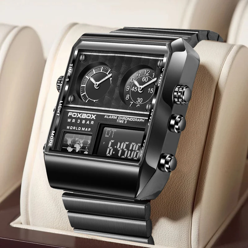Foxbox Square elektronische Mannuhr Casual Sport uhren für Männer Wort karte Edelstahl wasserdichte Dual Digital leuchtende Armbanduhren Image
