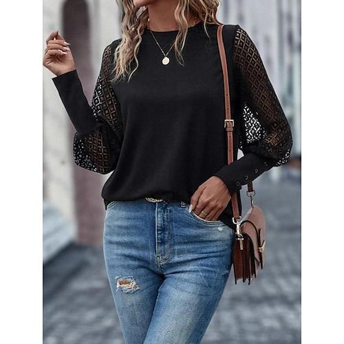 Damen Sweatshirt Mode Uni Alltag Rundhals Knöpfe Langarm Schwarz Weiß Frühling Herbst