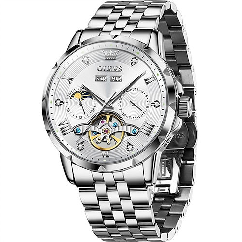 OLEVS Europäische Herren Business Uhr, Leuchtender Kalender, 24-Stundenanzeige, Multifunktionale Mechanikuhr, Stahlband, Wasserdicht Image
