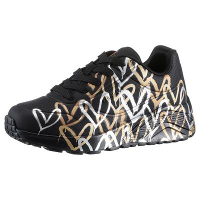 Plateausneaker SKECHERS "Skechers x JGoldcrown: Uno Lite - Metallic Love", Kinder, Gr. 31, schwarz (schwarz kombiniert), Lederimitat, metallic, Glitzer, casual, Schuhe, Schnürschuh, Keilsneaker mit Herzchen im Metallic Look bedruckt Image