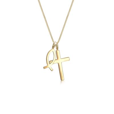 Kette mit Anhänger ELLI "Kreuz Fisch Symbol Religion 925 Silber" Gr. 55, gold, Halsketten, Damen, 55, ohne Stein, Silber 925 (Sterlingsilber), L: 45cm Image