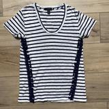 J. Crew Tops | J Crew Womens Striped Linen Short Sleeve Shirt Lace And Pom Poms Size Xxs | Color: Blue/White | Size: Xxs