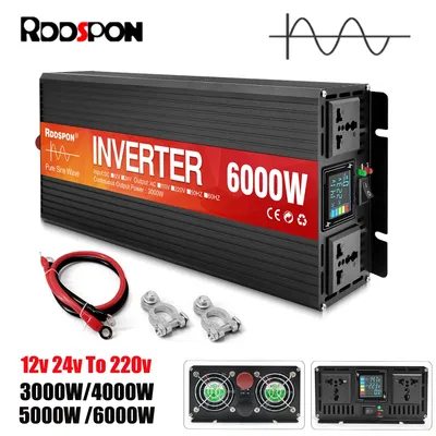 RDDSPON Pure Sine Wave Inverter 4000W 5000W 6000W Double Socket LCD Display DC 12V 24V To AC 220V Voltage Converter Power Supply