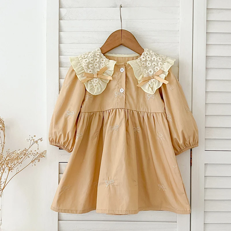 Süße Kinder Baby Mädchen bestickte Bogen Prinzessin Kleid Langarm Herbst Baby Mädchen Spitze Puppe Kragen Kleid Kinder Kleidung Kleid Image