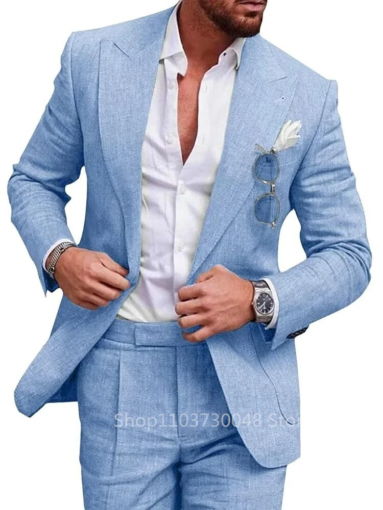 Blau/Beige Leinen Herrenanzüge Smart Casual Peak Revers One Button Slim Fit Blazer Hosen Hohe Qualität 2-teiliges Hochzeitskostüm Homme