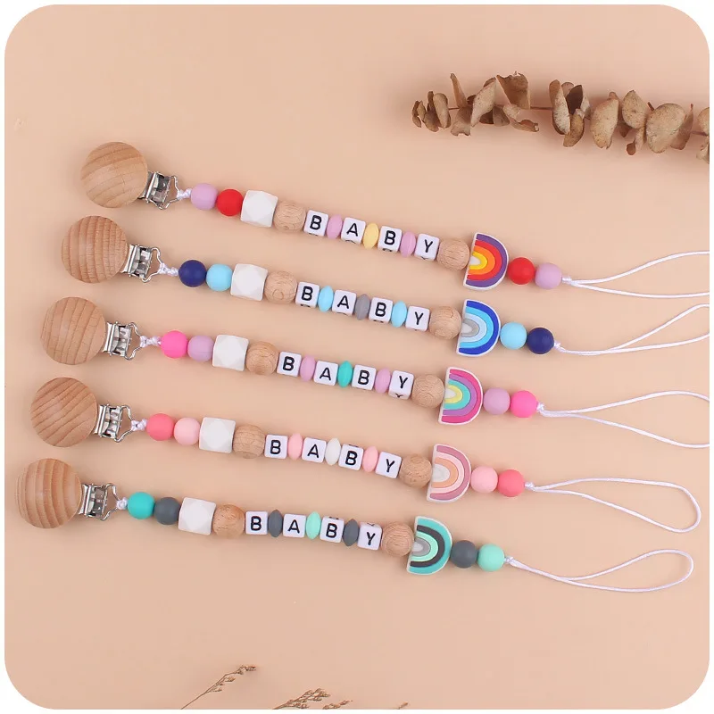 Neue Baby Buche Clip Silikon Schnuller Kette Regenbogen Silikon Perlen Schnuller Halter für Säugling Pflege Zahnen Spielzeug Zubehör Image