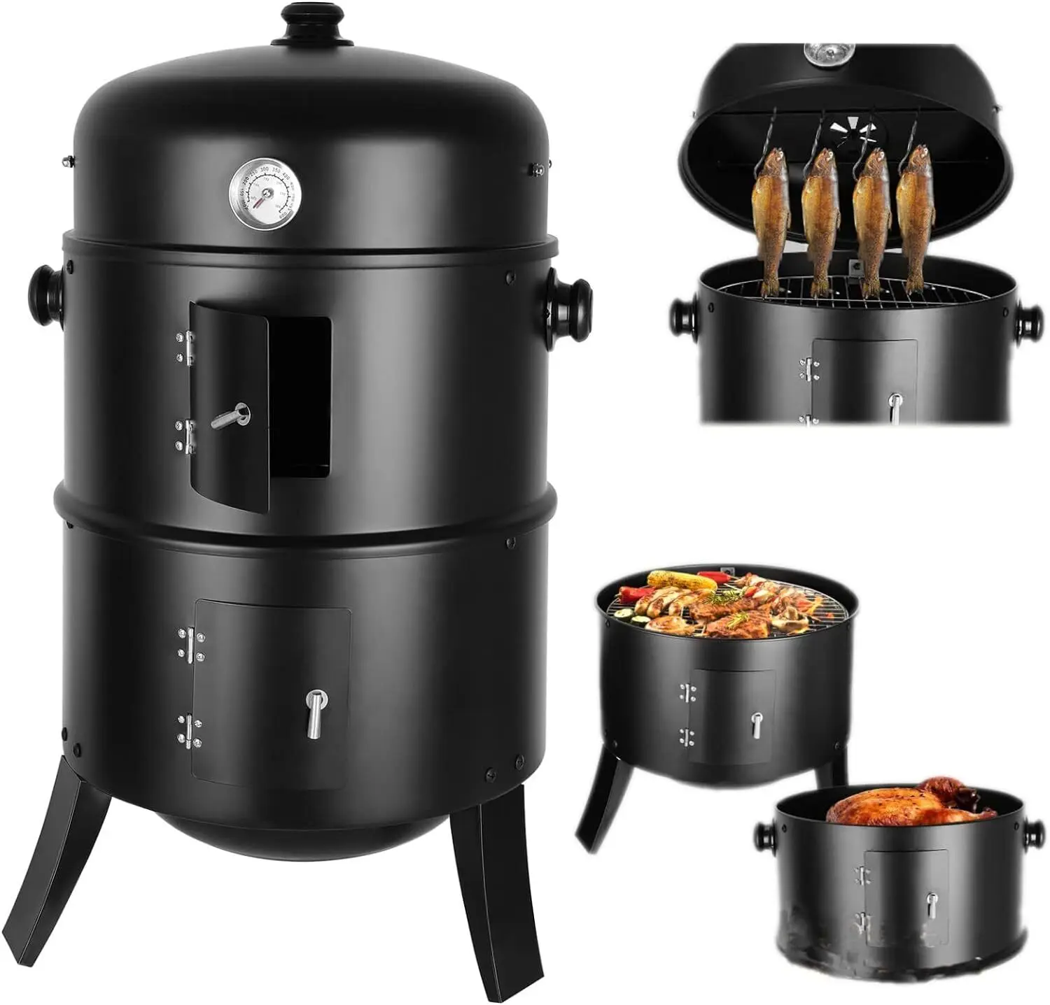 3-in-1-BBQ-Holzkohlegrill, Grill, Räucherfass, Räuchergrill mit Thermometer – 3-in-1-Räucherfass für Kochen im Freien Image