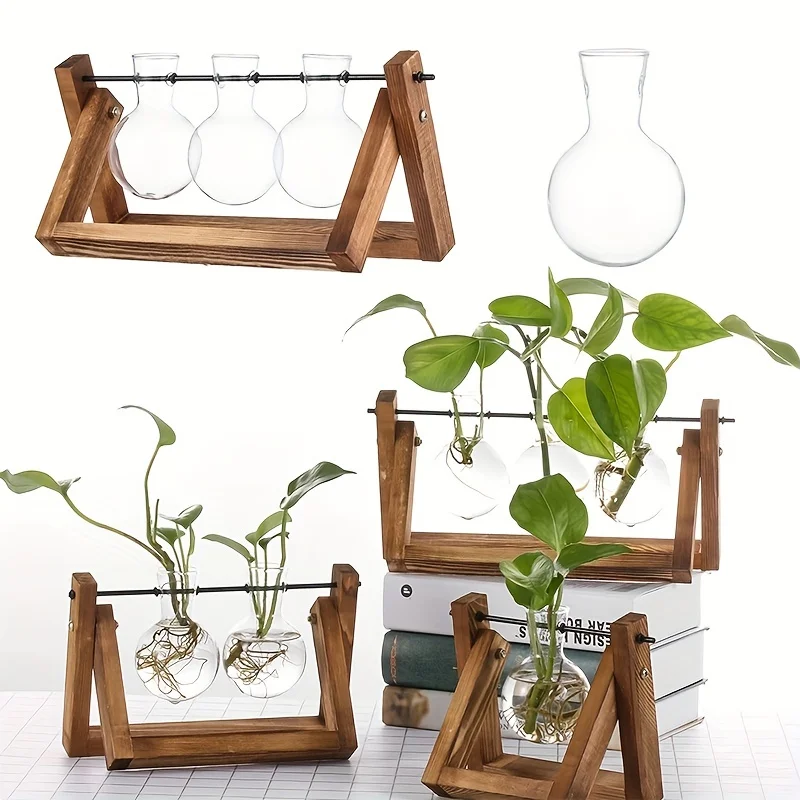 1 Stück, Tischplatte Glas Pflanzer Vermehrung station Hydro ponik Pflanzen vasen in Holz regal Terrarium für Pflanzen, klarer Blumentopf für Image