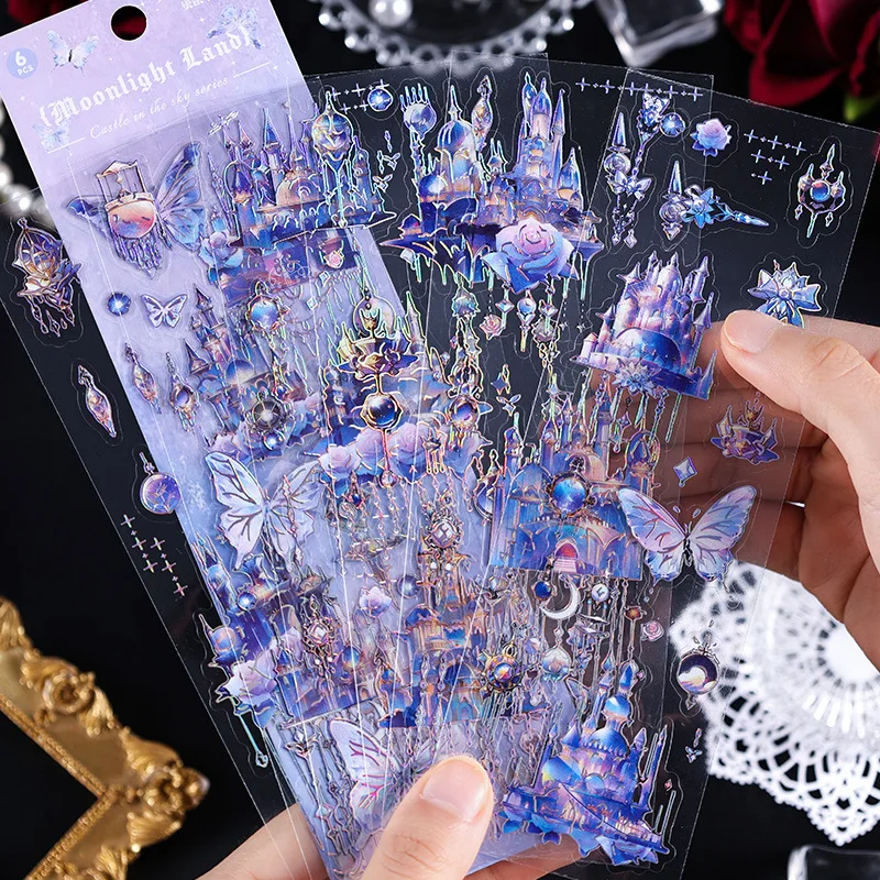 6 Blatt Laser Castle Aufkleber Stick Etiketten dekorative Tagebuch Album handgemachte DIY Scrap booking Journal Notebook Collage Material Image