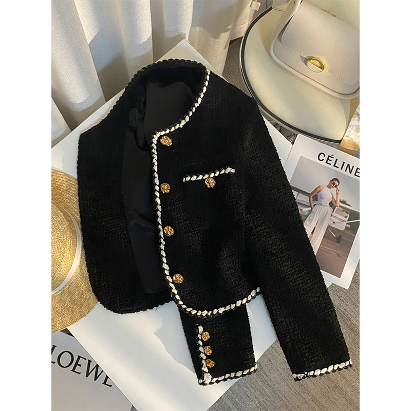 MEXZT Vintage Tweed Jacke Frauen Elegante Abgeschnitten Stepp Mantel Pendeln Schwarz Blazer Winter Damen Koreanische Kurze Oberbekleidung Tops Neue