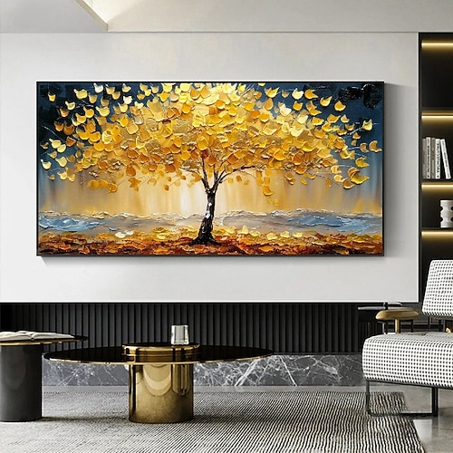 3D-Ölgemälde mit goldenem Baum, handgefertigtes Ölgemälde mit goldenem Baum auf Leinwand, großes abstraktes strukturiertes Ölgemälde mit goldgelbem Baum, Lebensbaum-Gemälde, Wandkunst, individuelles Image