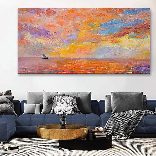 handgefertigtes Ölgemälde auf Leinwand, Wandkunst, Dekoration, modernes Meer, in den Himmel geschmolzen, Sonnenuntergang, Wolken, Landschaft für Wohnzimmer, Heimdekoration, gerolltes, rahmenloses, Image