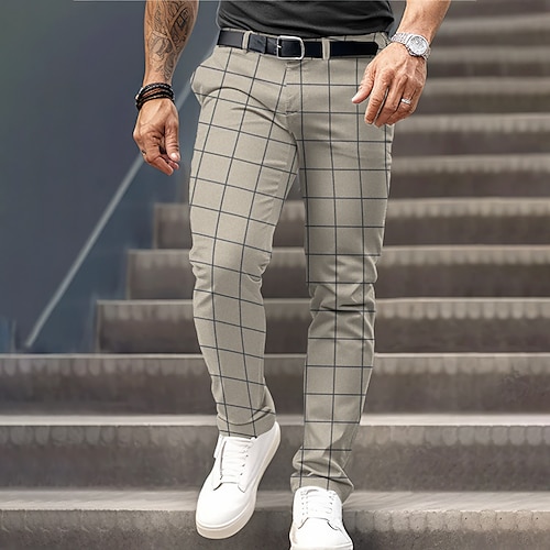 Herren Karomuster Anzughose Mittlere Taille Business-Casual Formell Alltagskleidung Reißverschluss Tasche Sommer Frühling Herbst 3D-Druck Braun Grau Image