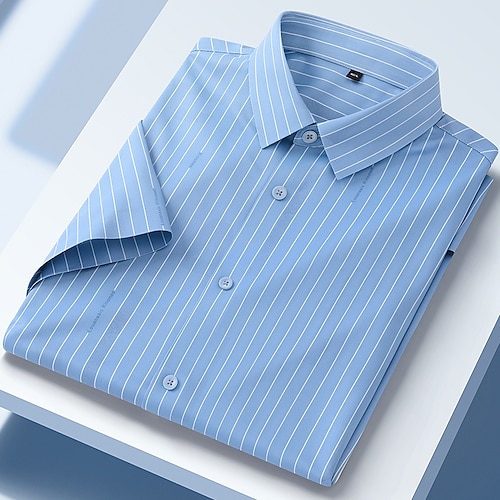 Herren Hemd Kleidhemd Knopfhemd Streifen Hochzeit Täglich Blau Himmelblau Hellgrau Grau Kurzarm Umlegekragen Sommer Bekleidung Image