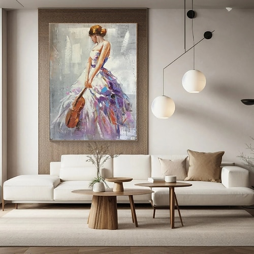 Mädchen spielt Geige, Gemälde, handgefertigt, Dame mit Geige, Gemälde, handgemalt, abstrakt, moderne Frau, Ölgemälde, Kunstwerk, großes Ballett-Ölgemälde, Wandkunst, minimalistische Kunst für Image