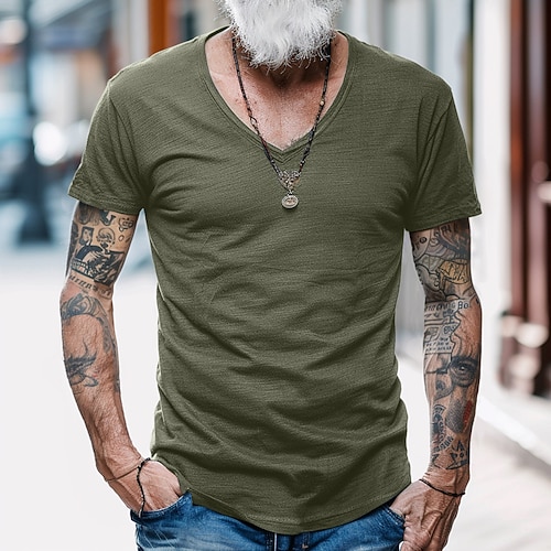 Herren T Shirt Feuchtigkeitsableitende Hemden Bambus-T-Shirt Kurzarm V Ausschnitt Sommer Einfach Sport Basic Lässig Weich Heim Straße Lässig Armee-Grün Marineblau Schwarz Top T-Shirt für Herren Image