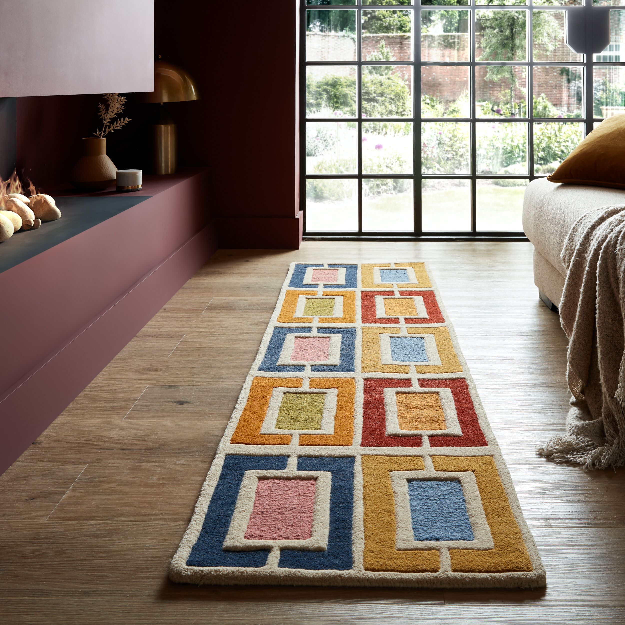 Wollteppich FLAIR RUGS "Retro Blocks mit Hoch-Tief-Effekt", bunt, B:80cm H:10mm L:150cm, Wolle, Teppiche, handgeschnitzter Wollteppich,Wohnzimmer, Schlafzimmer, Esszimmer Image