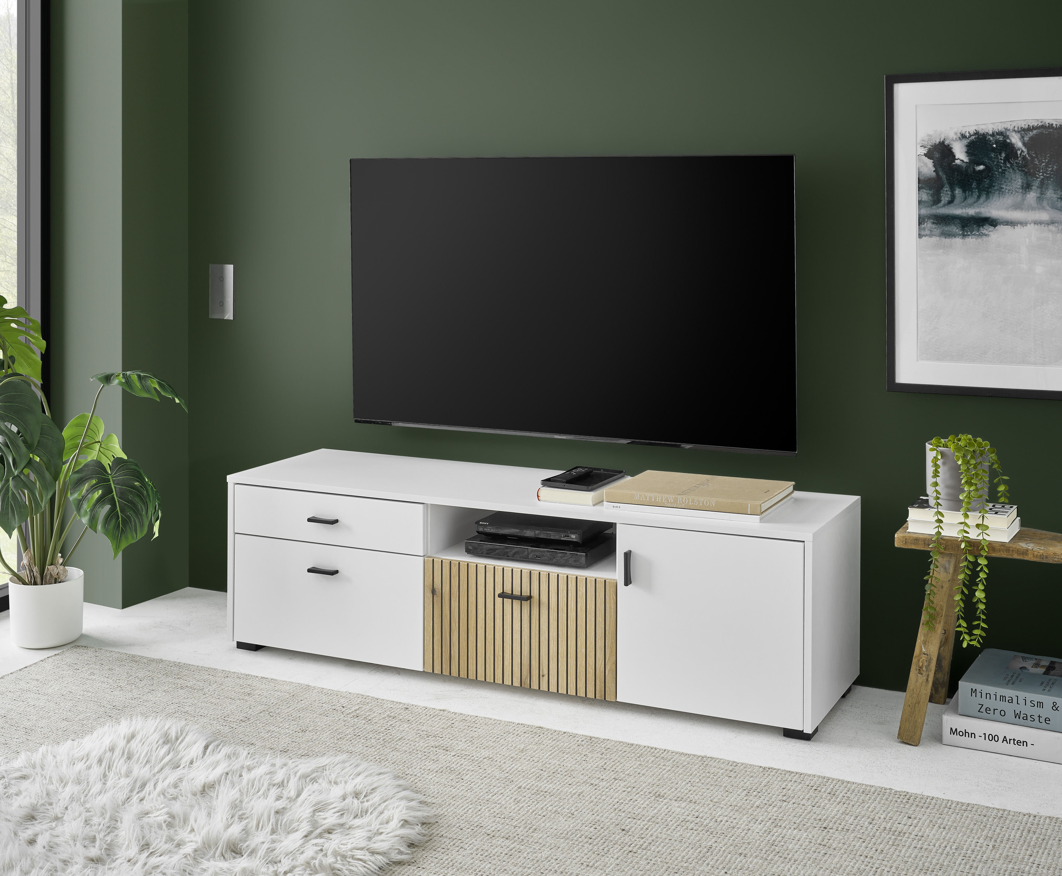 Lowboard HOME AFFAIRE "Hudson", weiß (weiß, eiche), B:150cm H:44cm T:42cm, Holzwerkstoff, Sideboards, Lowboard, in moderner Trendfarbe, Griffe aus Metall (Schwarz), Breite 150 cm Image