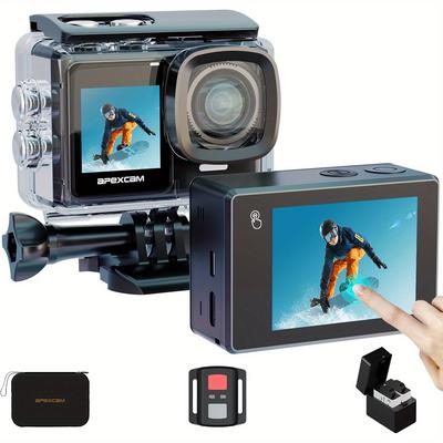 TEMU Apexcam 4k 30fps 20mp Action Cam Dual Screen Touchscreen 40m Eis Stabilization 170° Wide Angle Wifi Remote Control With 2x350mah Batteries And Accessories Kit