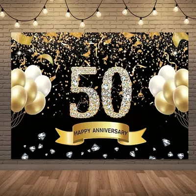 50th Anniversary Wedding Anniversary Decoration, Black Gold 50th Anniversary Banner Backdrop, Happy