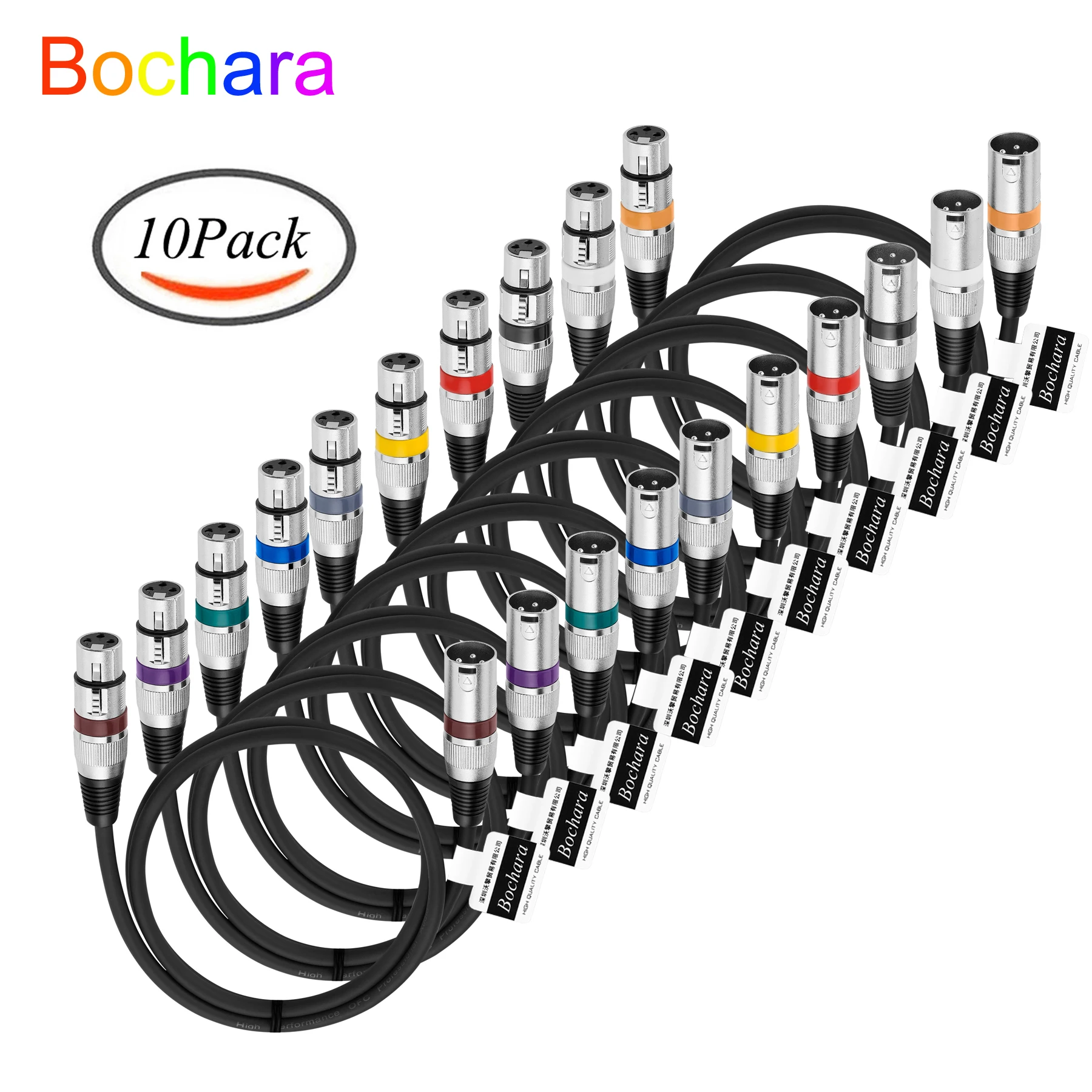 Bochara 10er-Pack XLR-Kabel, Stecker auf Buchse, doppelt geschirmtes OFC-Audiokabel für Mikrofon, Mixer, Verstärker, 1 m, 1,8 m, 3 m, 5 m, 10 m Image