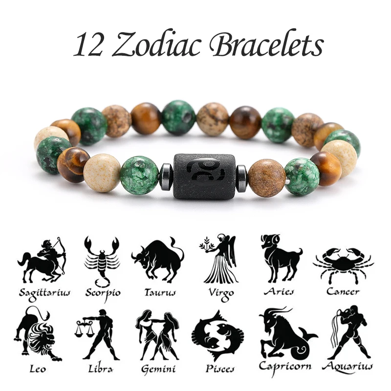 12-Sternzeichen-Armbänder aus Naturstein, Löwe, Steinbock, Stier, Krebs, Armbänder, Damen, Herren, Paar, Freundschaftsschmuck, Geschenk-Armbänder Image