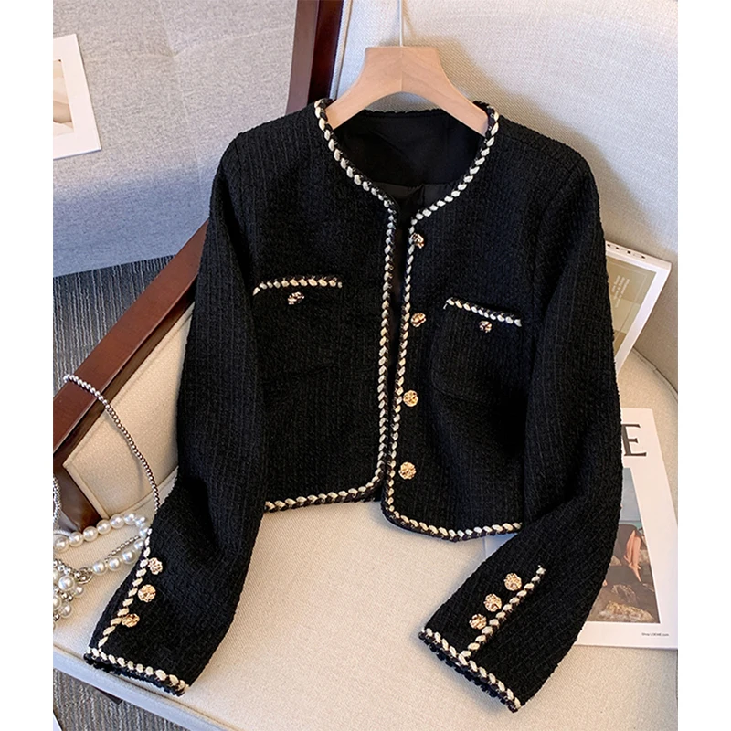 MEXZT Abgeschnitten Schwarz Tweed Jacke Frauen Vintage Anzug Stepp Mantel Winter Kurzen Blazer Damen Koreanische Elegante Dicke Oberbekleidung Tops