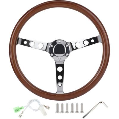 Eosnow - 15 Zoll 6-Loch-Lenkrad Retro-Mahagoni-Holzgriff, Edelstahlspeiche mit Hupenabdeckungskabel Image