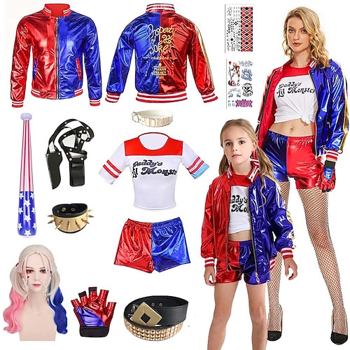 Harley Quinn Kostüme 13-teiliges Set Joker 2 Suicide Squad Clown Cosplay Kostüm Outfits mit Perücken Zubehör bestickt Damen Mädchen Film Cosplay Halloween Karneval Performance Party Image