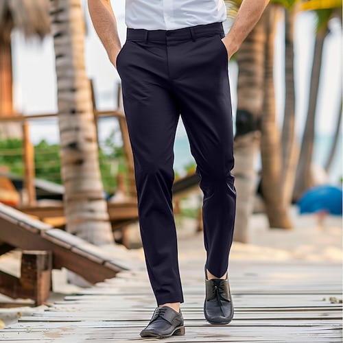 Herren Anzughosen Hose Hosen Freizeithose Tasche Elastische Taille Gerade geschnitten Glatt Dehnbar Hochzeit B¨¹ro Geschäft Stilvoll Ausgefallene Schwarz Wein Hoher Taillenbund Mikro-elastisch Image