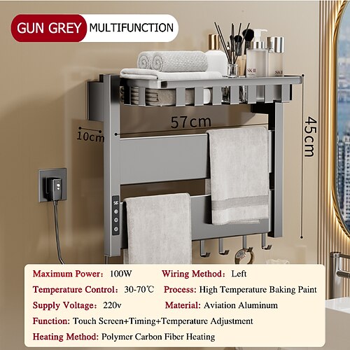 An der Wand montierter elektrischer Handtuchwärmer mit Timer und mehrstufigen Temperatureinstellungen, fest verkabelt und steckbar, schnelles Aufheizen, bezaubernd, modern, aus Aluminium, 1 Stück Image