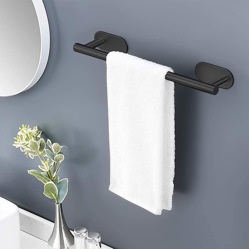 Towel Bar/Bathroom Shelf Self-adhesive Wall Mounted Stainless Steel Matte Black/Brushed Nickel,Adjustable Length Contemporary Modern Low-carbon Steel Metal Bathroom Decoration1pc