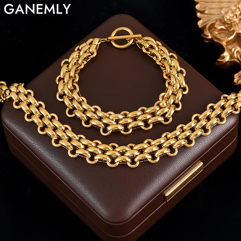 GANEMLY Set di bracciali con collana a catena cubana in acciaio inossidabile 316L per donna Uomo Nuovo set di gioielli impermeabili placcati oro punk 18 carati