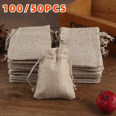 100/50PCS 13X18CM/10X15CM/7X9CM Drawstring Burlap Bag Jute Gift DIY Wedding Favor Gift Bag For