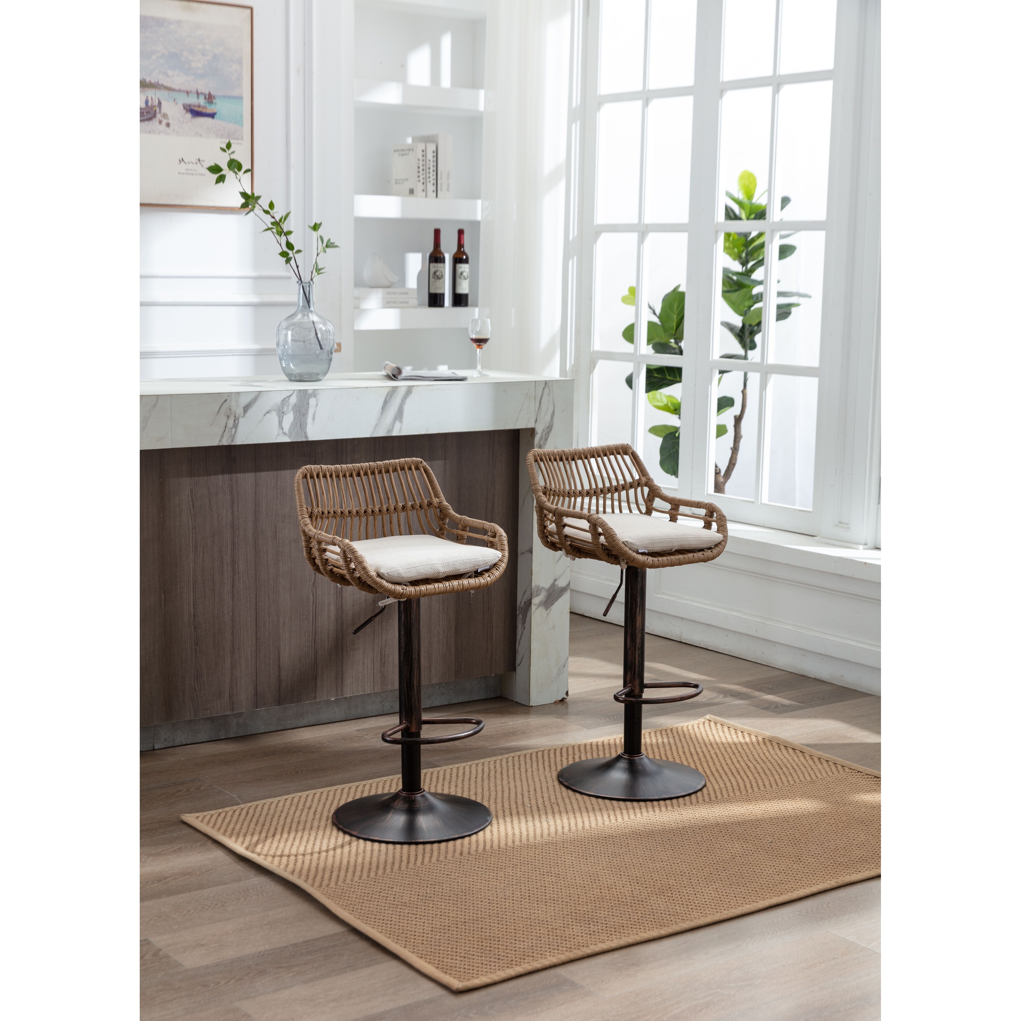 Hand Woven Rattan Upholstered Seat Bar Stool with Footstool, Set of 2