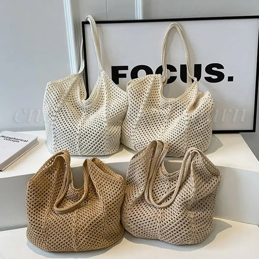 Borse a tracolla tessute vuote da donna di moda borsa da lavoro a maglia di grande capacità borsa a mano all'uncinetto solida borsa da spiaggia in rete estiva