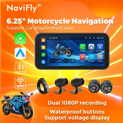 NaviFly 6.25 Inch Wireless Carplay & Android Auto Motorcycle IPX7 BT Helmet Navigation Display Screen Portable DVR TPMS